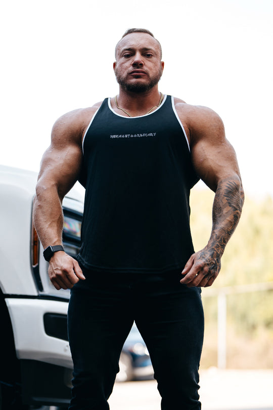 Fast-Dry Bodybuilding Workout Stringer - Black w White Trim