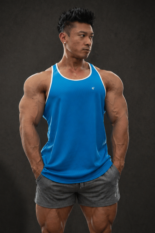 Fast-Dry Bodybuilding Workout Stringer - Blue w/ White