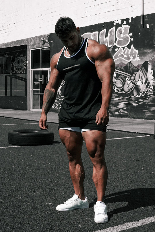 Fast-Dry Bodybuilding Workout Stringer - Black w White Trim