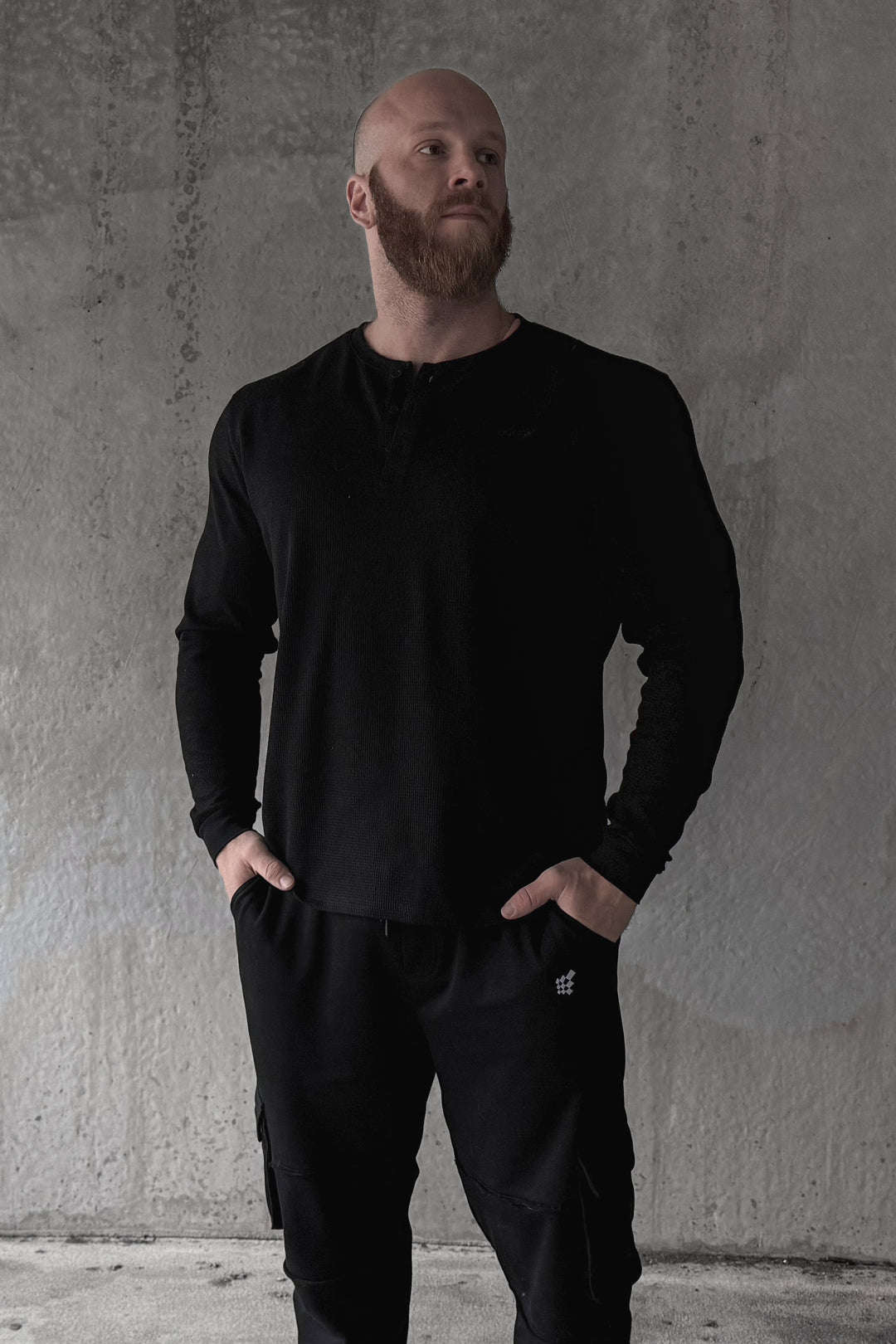 Waffle Knit Henley Long Sleeve T-Shirt - Black