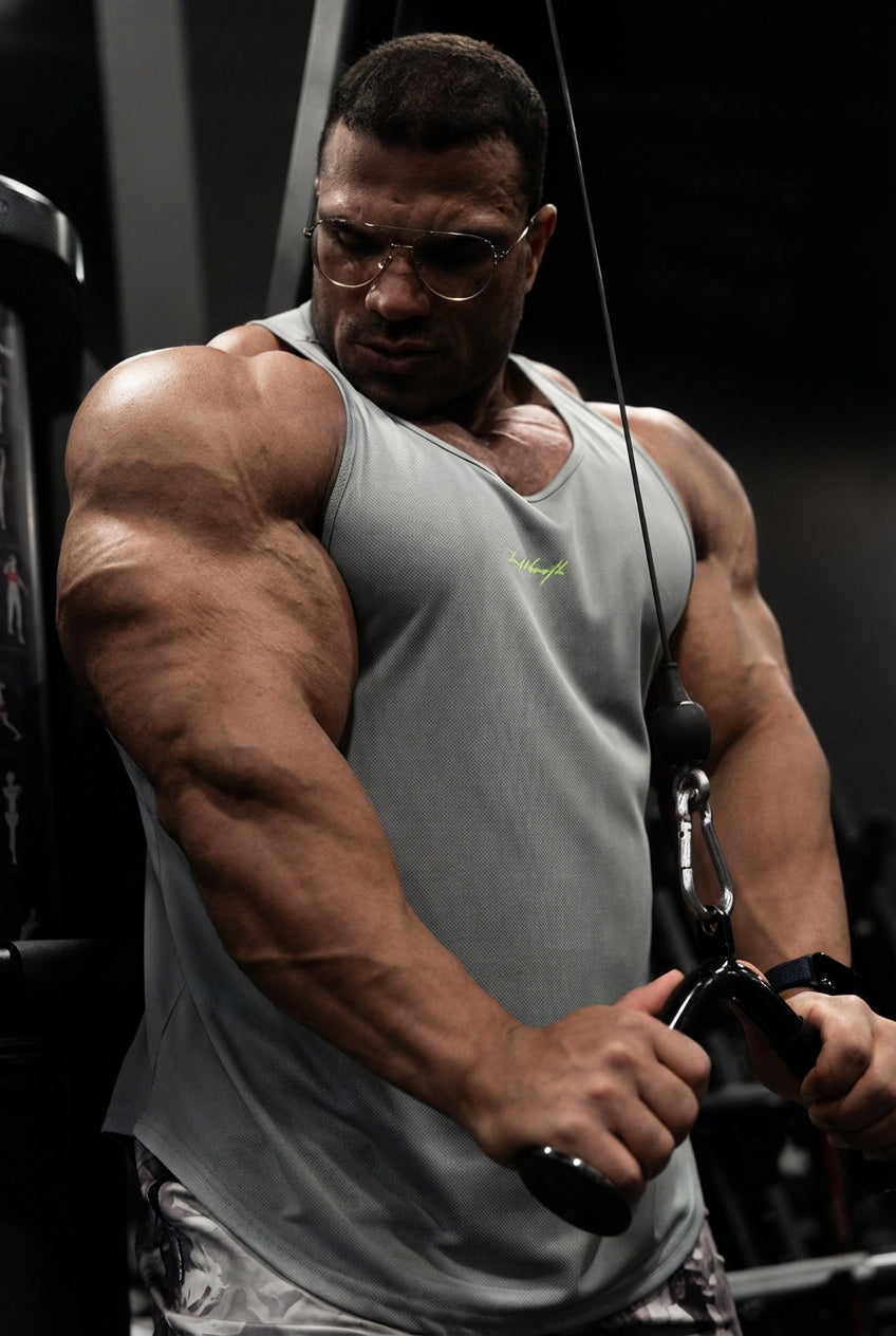 Fast-Dry Bodybuilding Workout Stringer - Light Gray w/ Neon Logo