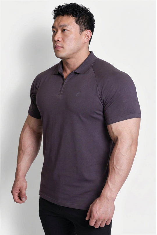 Premium Muscle-Fit Polo Tee w/ Zipper - Dark Gray